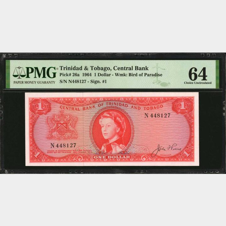 TRINIDAD & TOBAGO. Central Bank of Trinidad and Tobago. 1 Dollar, 1964.  P-26a. PMG Choice Uncirculated 64.